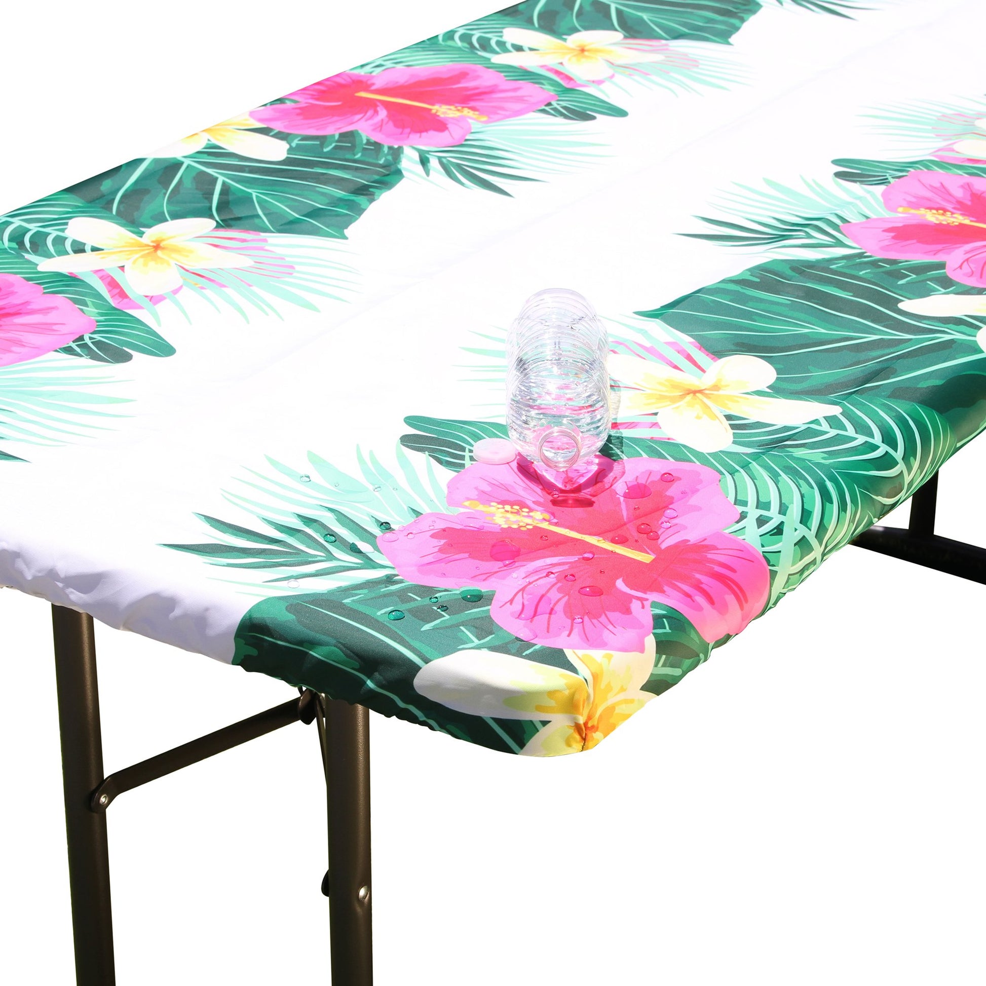 Water beading up on the water resistant surface of TableCloth PLUS 72" Summer Fitted Polyester Tablecloth for 6' Folding Tables