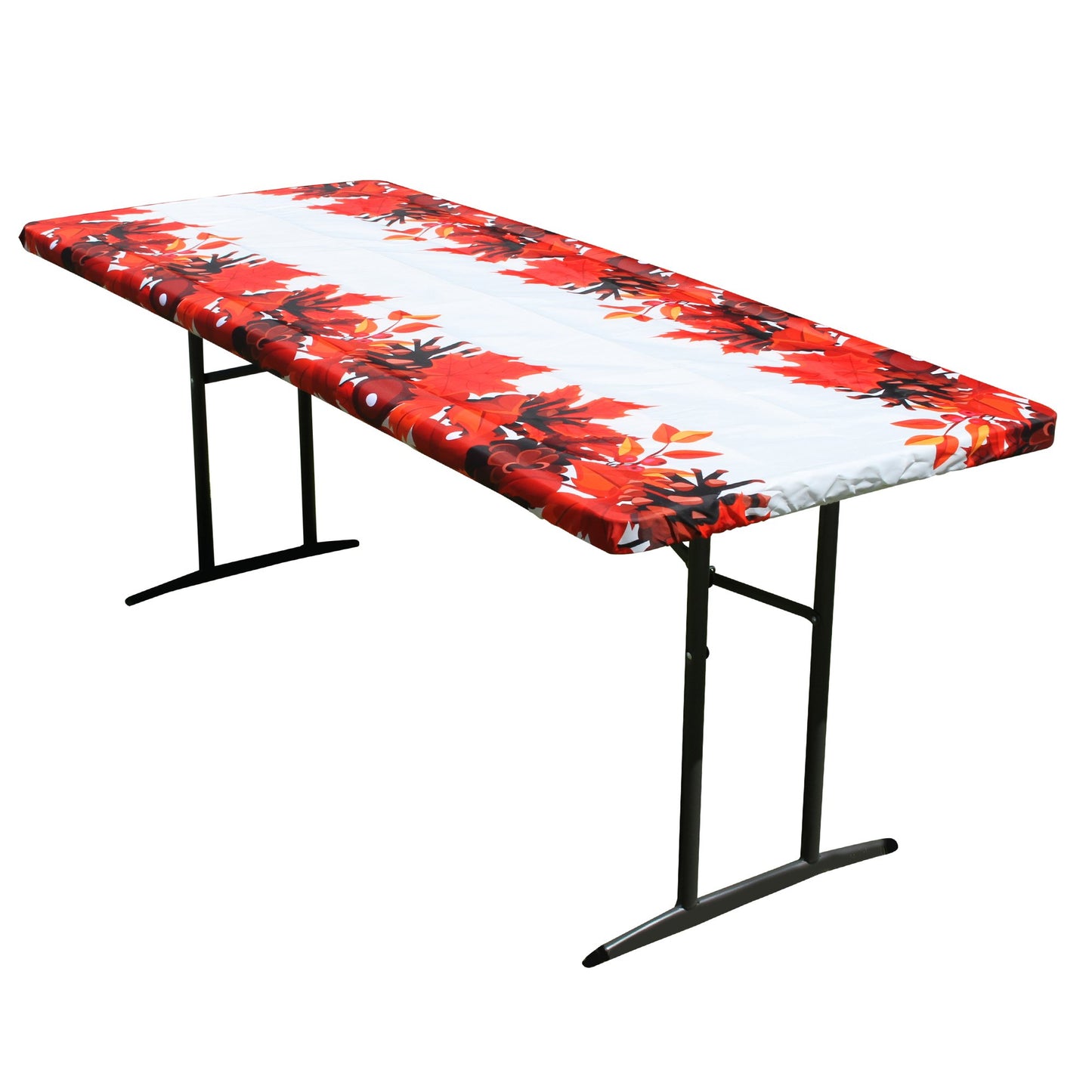 TableCloth PLUS 72" Fall Fitted Polyester Tablecloth for 6' Folding Tables displayed adorning a folding table