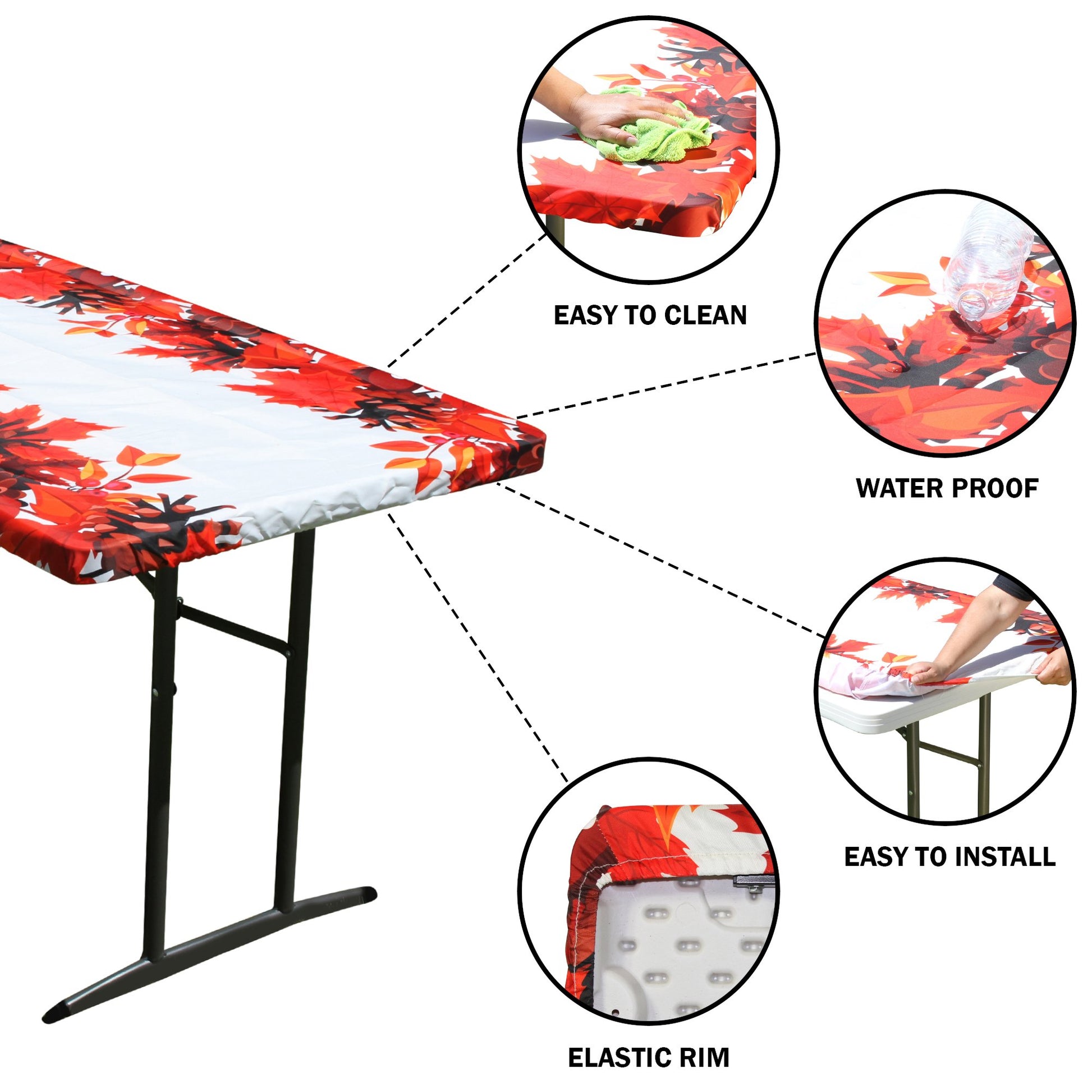 TableCloth PLUS 72" Fall Fitted Polyester Tablecloth for 6' Folding Tables is easy to clean, water proof, easy to install, and has an elastic rim