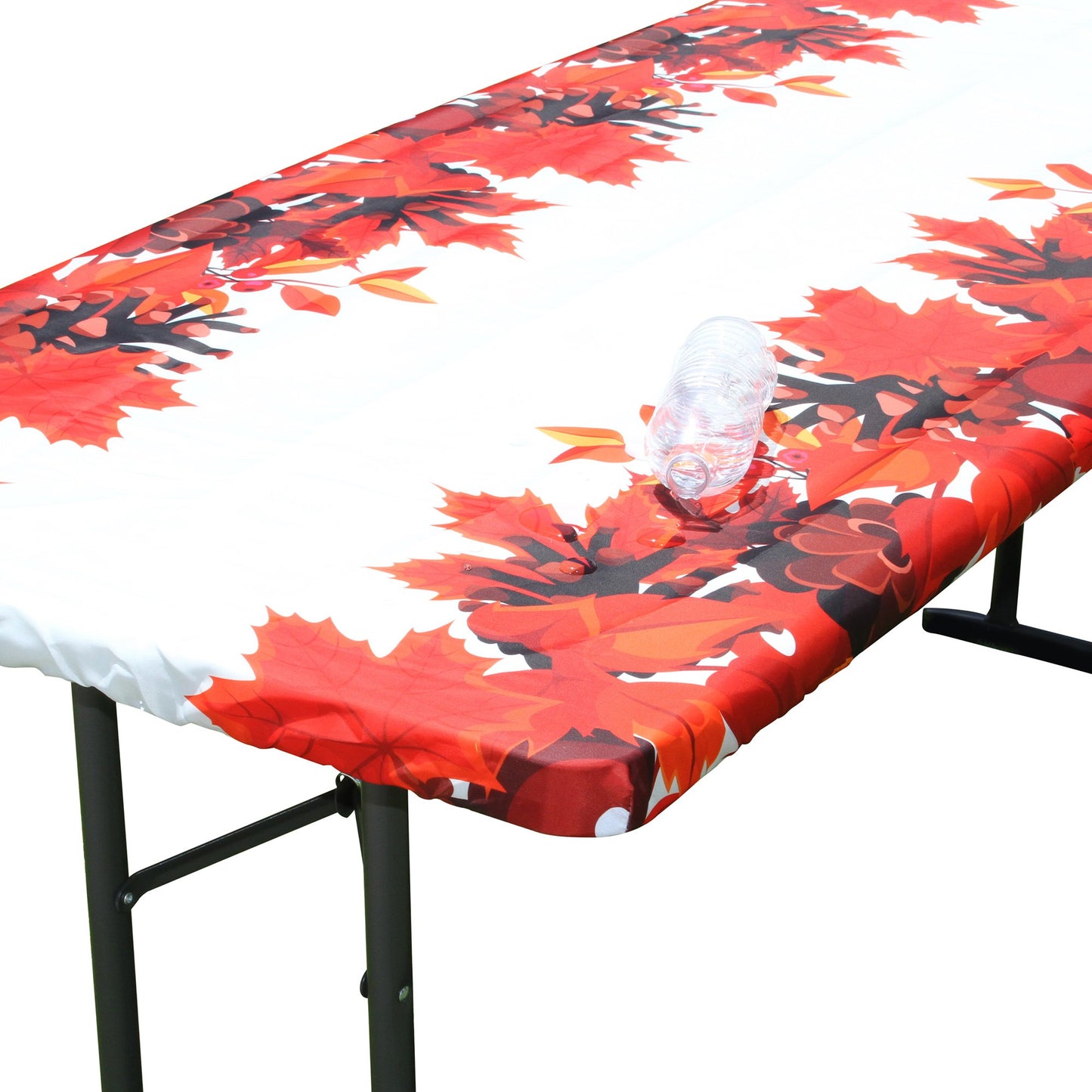 Water beading up on the water resistant surface of TableCloth PLUS 72" Fall Fitted Polyester Tablecloth for 6' Folding Tables
