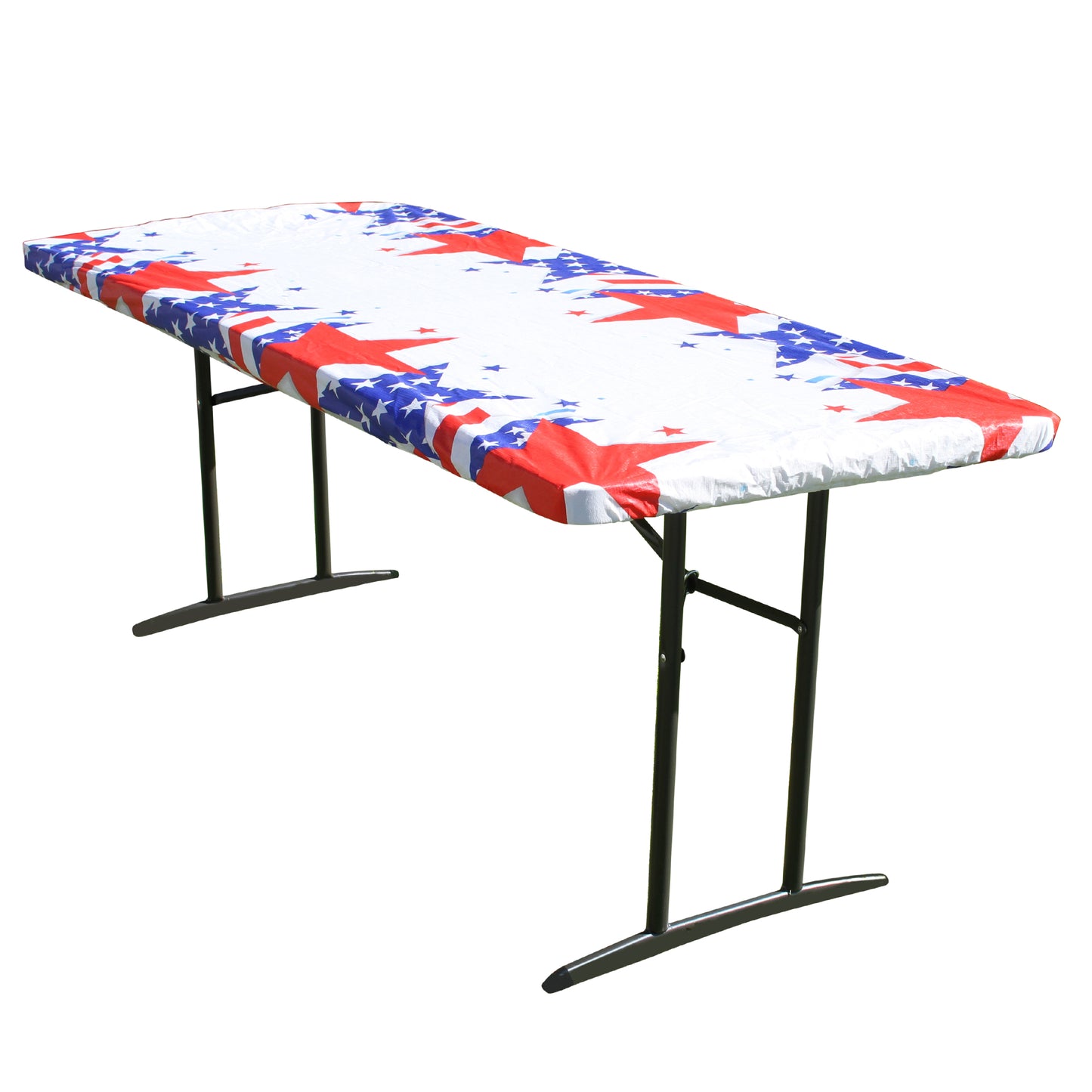 TableCloth PLUS 72" Patriotic Fitted PEVA Vinyl Tablecloth for 6' Folding Tables displayed adorning a folding table
