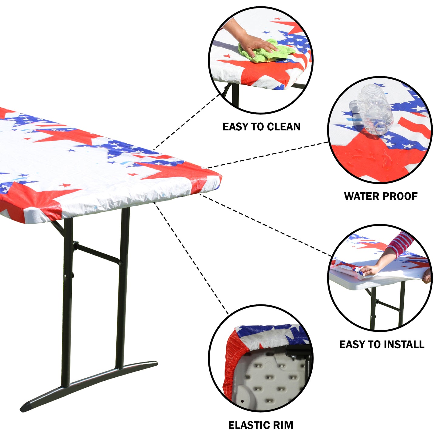TableCloth PLUS 72" Patriotic Fitted PEVA Vinyl Tablecloth for 6' Folding Tables is easy to clean, water proof, easy to install, and has an elastic rim