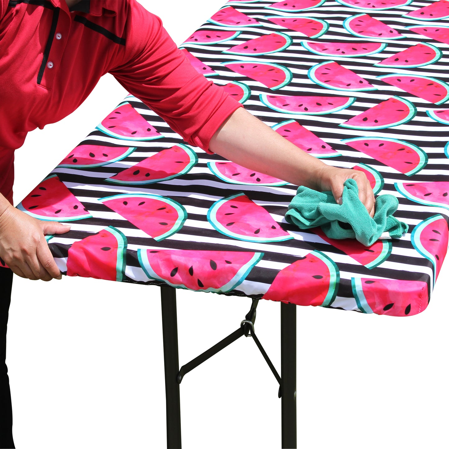 TableCloth PLUS 72" Watermelon Fitted PEVA Vinyl Tablecloth for 6' Folding Tables can be wiped clean with a cloth