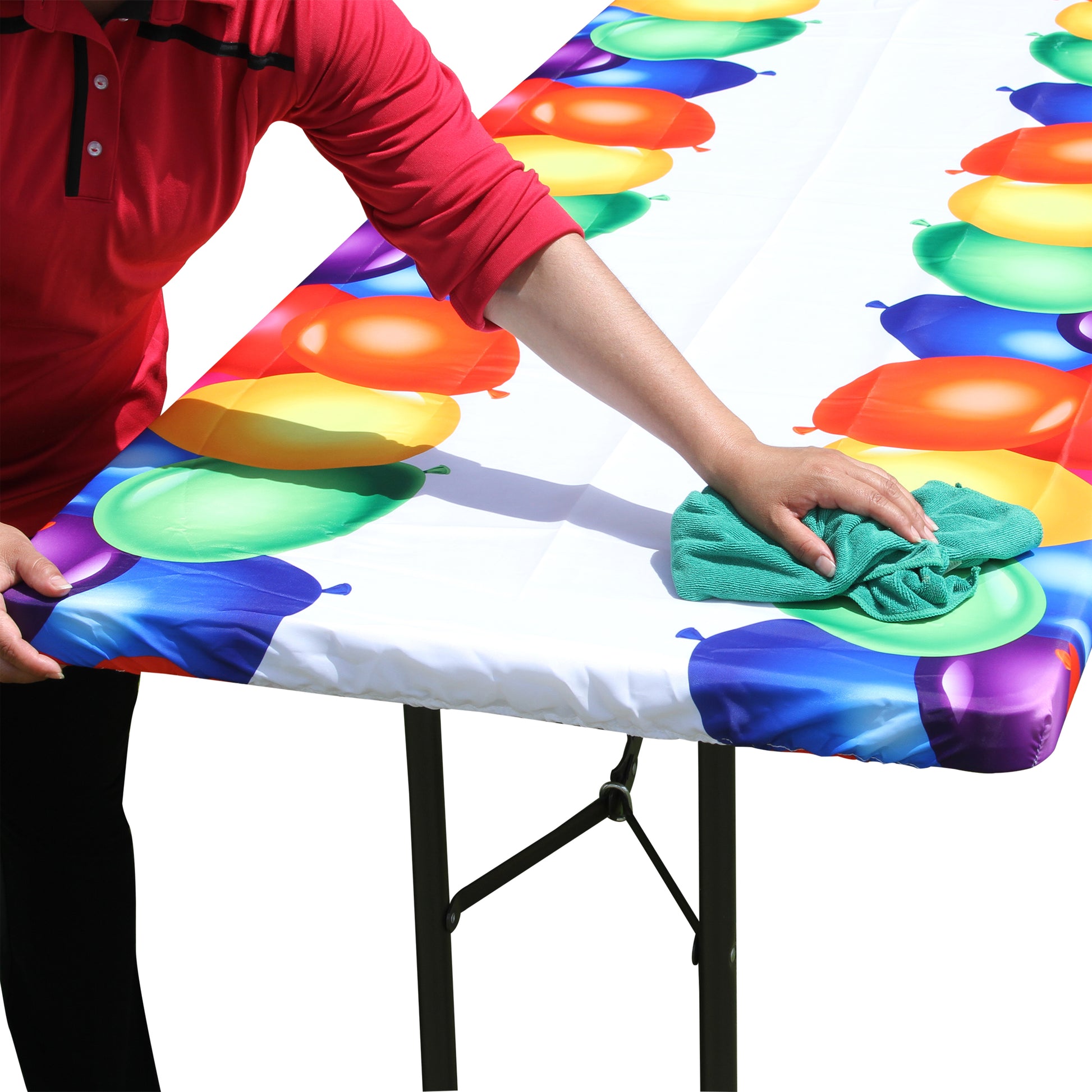 TableCloth PLUS 72" Balloons Fitted PEVA Vinyl Tablecloth for 6' Folding Tables is easy to clean, water proof, easy to install, and has an elastic rim