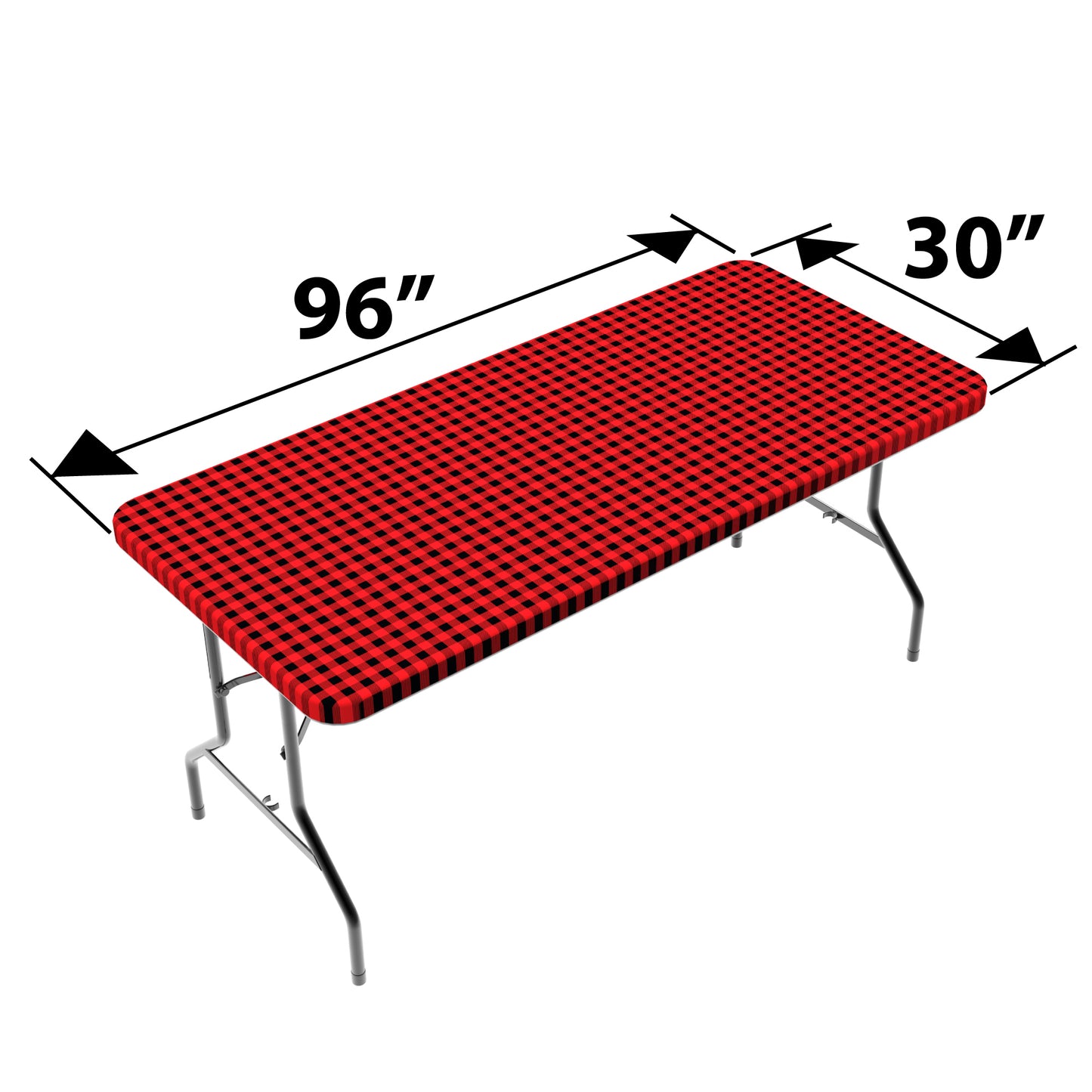 A closeup of a TableCloth PLUS 96" Checkerboard Black and Red Fitted PEVA Vinyl Tablecloth for 8' Folding Tables gripping a folding table around the entire table edge