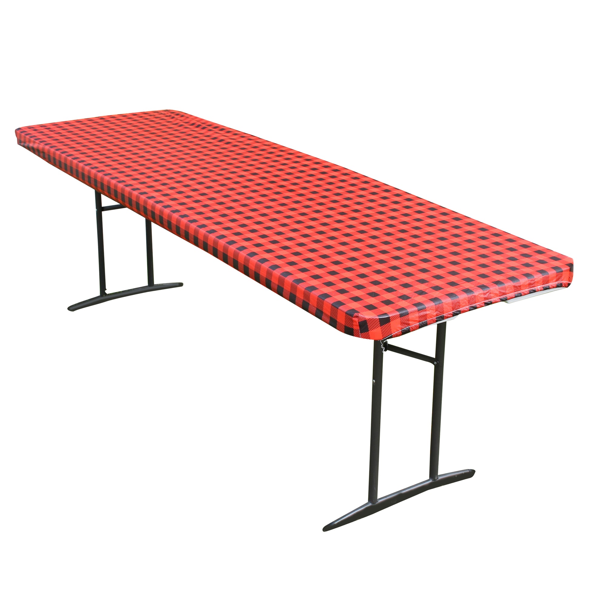 TableCloth PLUS 96" Checkerboard Black and Red Fitted PEVA Vinyl Tablecloth for 8' Folding Tables is easy to clean, water proof, easy to install, and has an elastic rim