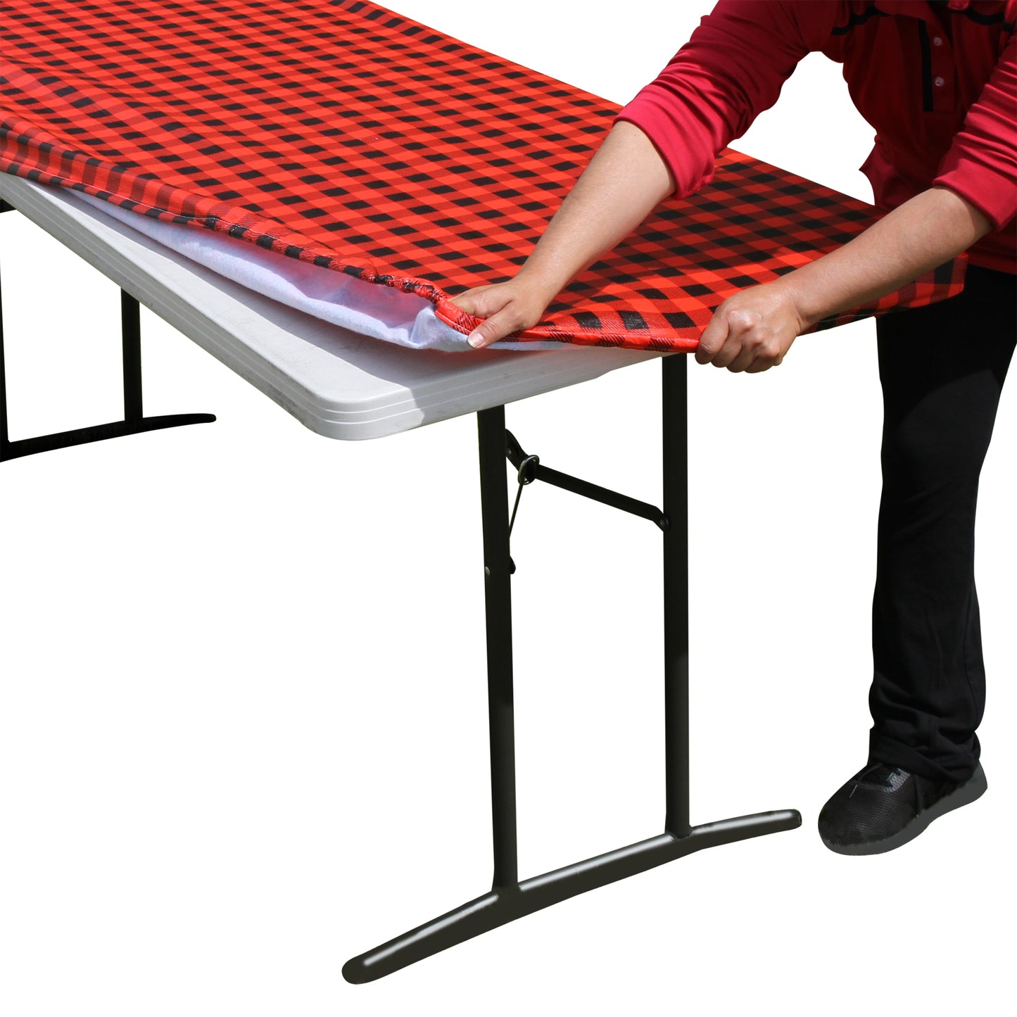 TableCloth PLUS 72" Checkerboard Black and Red Fitted PEVA Vinyl Tablecloth for 6' Folding Tables is easy to clean, water proof, easy to install, and has an elastic rim