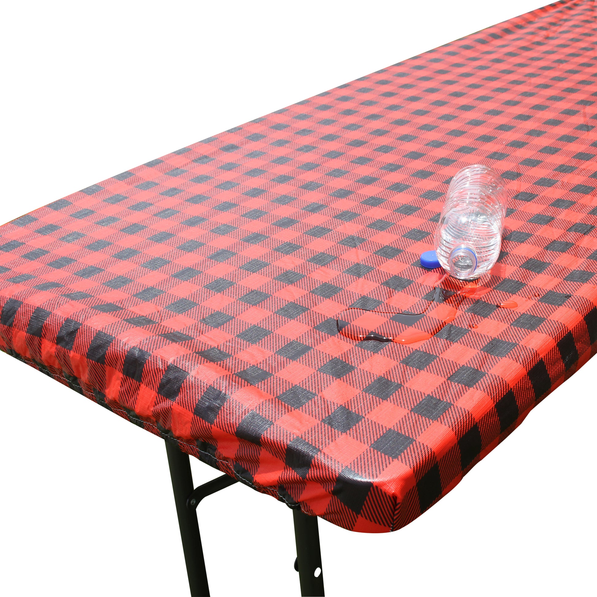 Image of TableCloth PLUS 96" Checkerboard Black and Red Fitted PEVA Vinyl Tablecloth for 8' Folding Tables