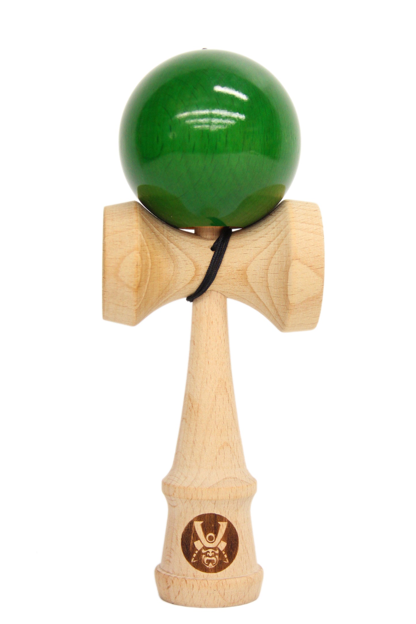 A natural light finished Bushido Kendama with Emearal green ball