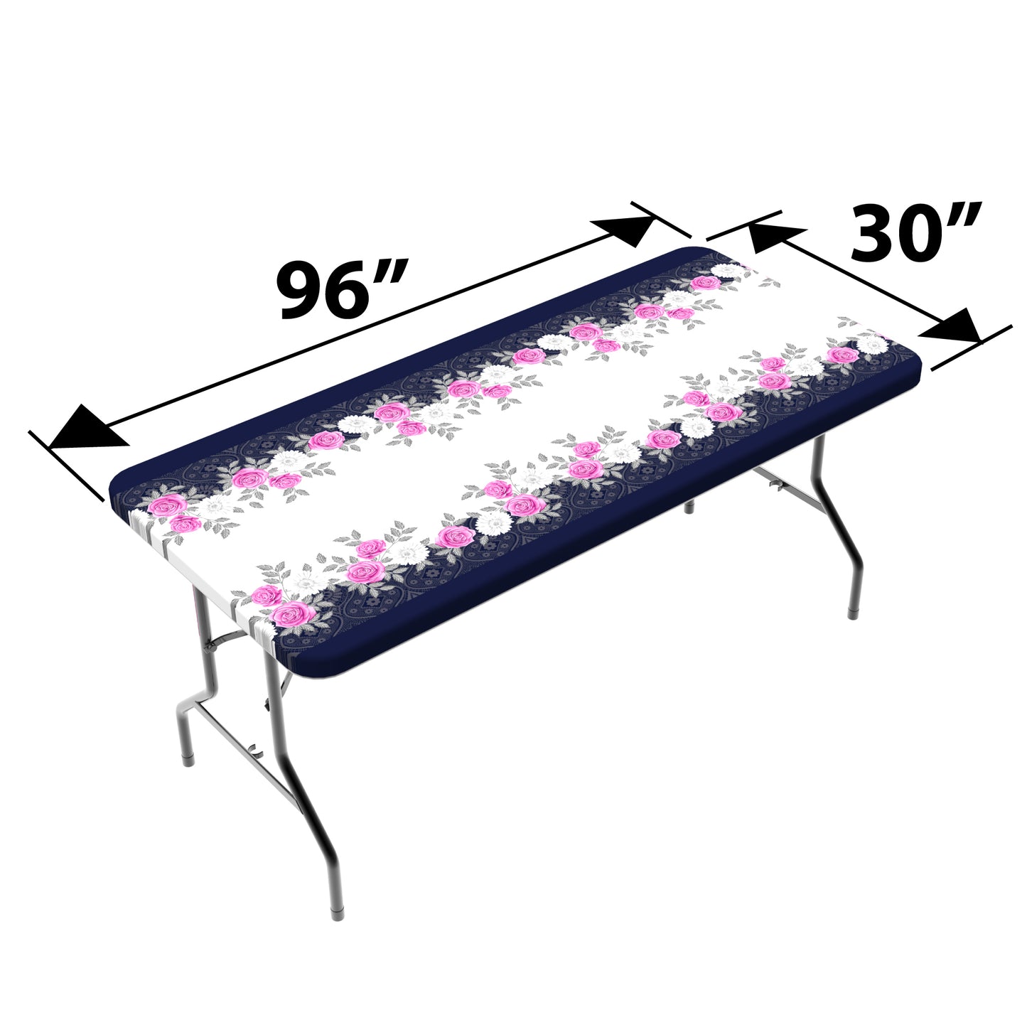 A closeup of a TableCloth PLUS 96" Roses Fitted Polyester Tablecloth for 8' Folding Tables gripping a folding table around the entire table edge