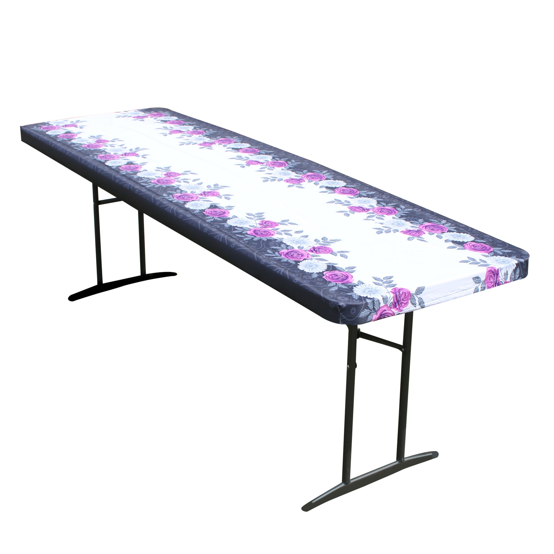TableCloth PLUS 96" Roses Fitted Polyester Tablecloth for 8' Folding Tables is easy to clean, water proof, easy to install, and has an elastic rim