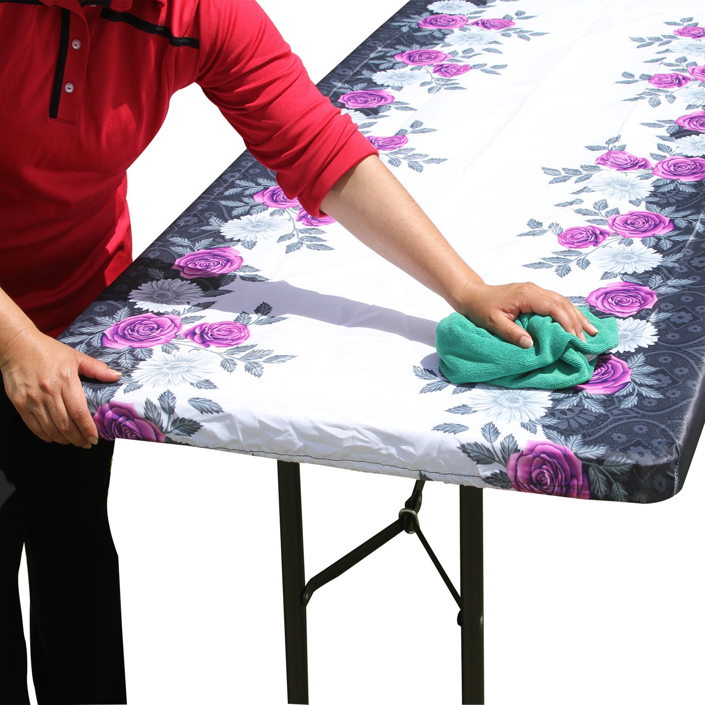 TableCloth PLUS 96" Roses Fitted Polyester Tablecloth for 8' Folding Tables wipe clean and are machine washable