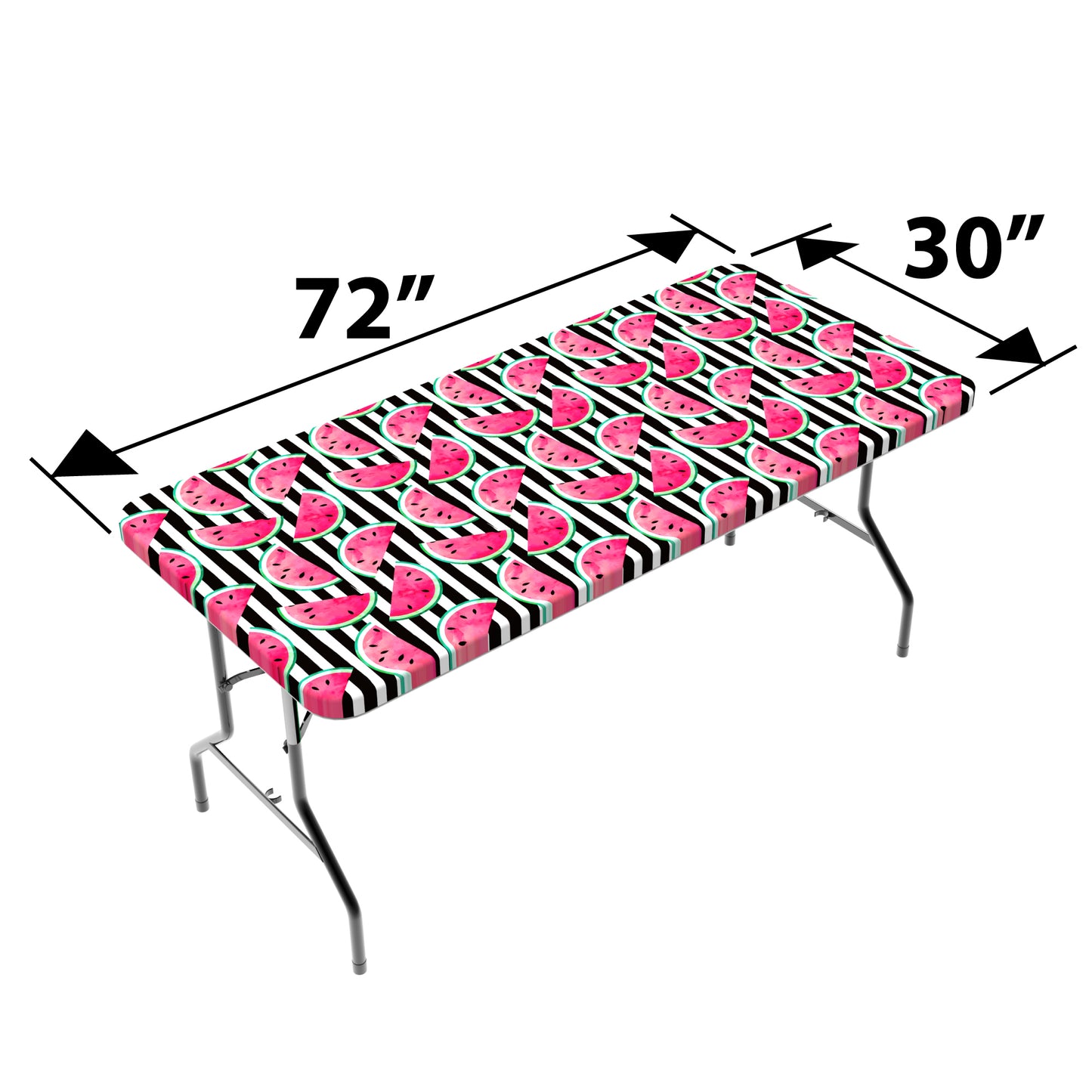 TableCloth PLUS 72" Watermelon Fitted PEVA Vinyl Tablecloth for 6' Folding Tables displayed adorning a folding table