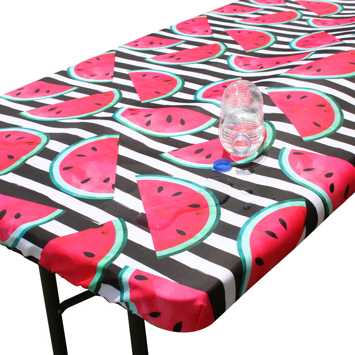 TableCloth PLUS 72" Watermelon Fitted PEVA Vinyl Tablecloth for 6' Folding Tables is easy to clean, water proof, easy to install, and has an elastic rim