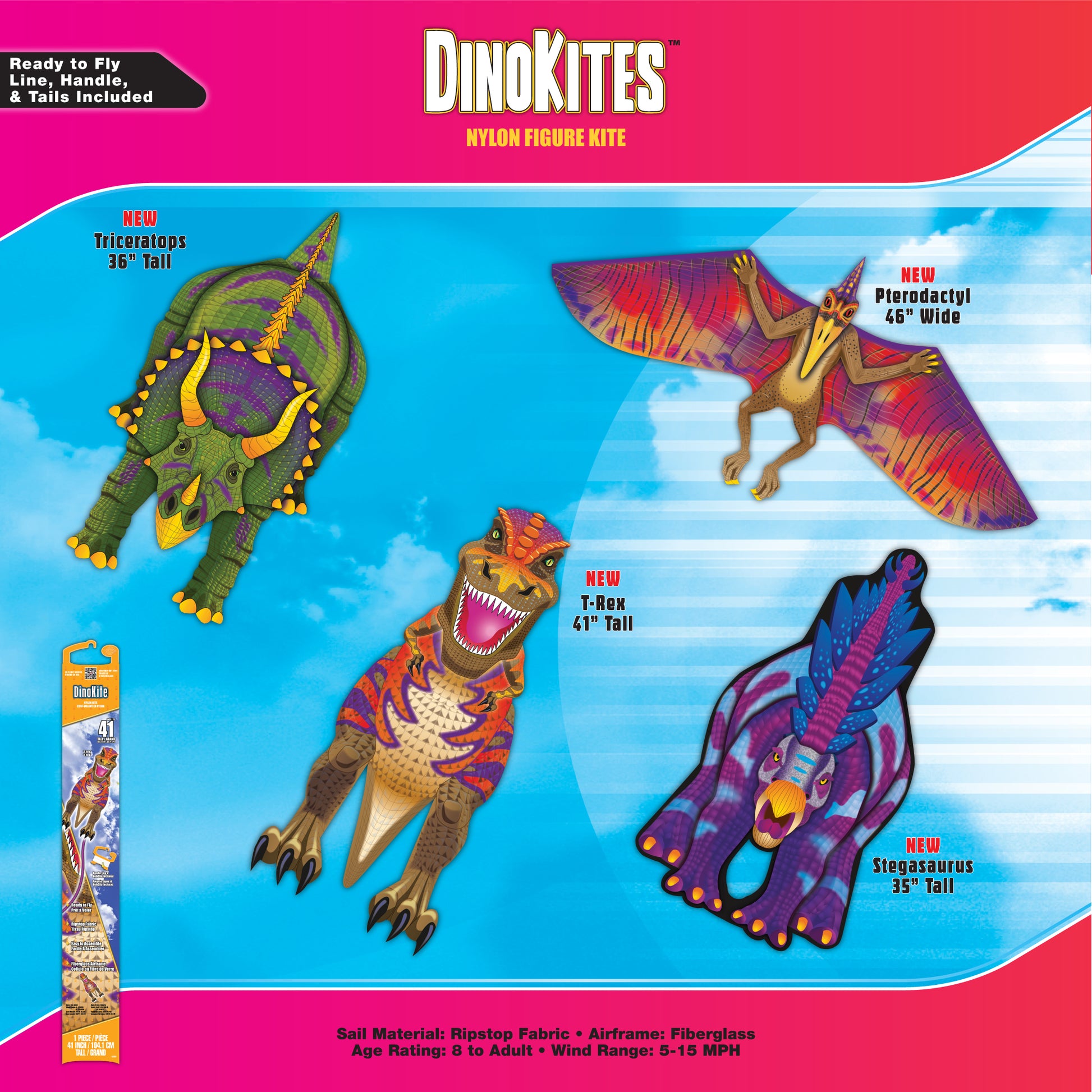 A graphic showing the full assortment of X Kites DinoKite with the Stegasaurus, Triceratops, Pteradactyl, and T-Rex kites pictured