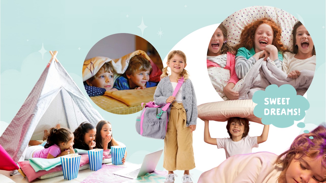 AIRIO sleepover lifestyle collage with children enjoying movies, pillow play and sweet dreams
