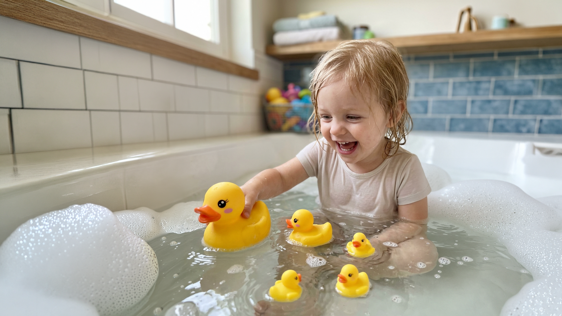 A child enjoying Bubble 'N' Suds bath play with colorful rubber ducks