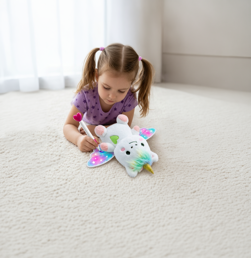 A child enjoying creative play with a colorful winged unicorn plush pal