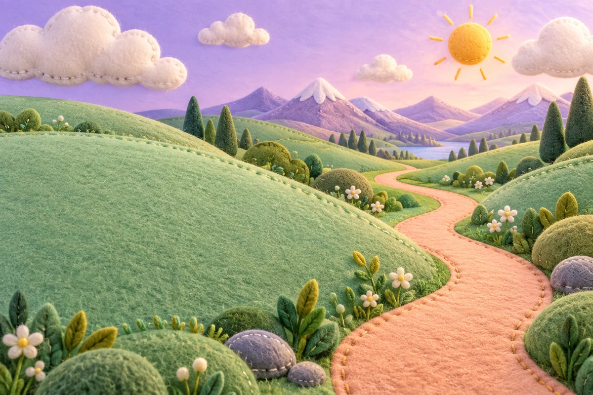 A playful fabric landscape with soft hills, clouds and an adventure trail