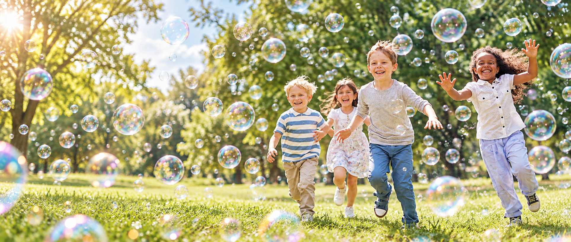 Four children running through floating bubbles in a sunny park