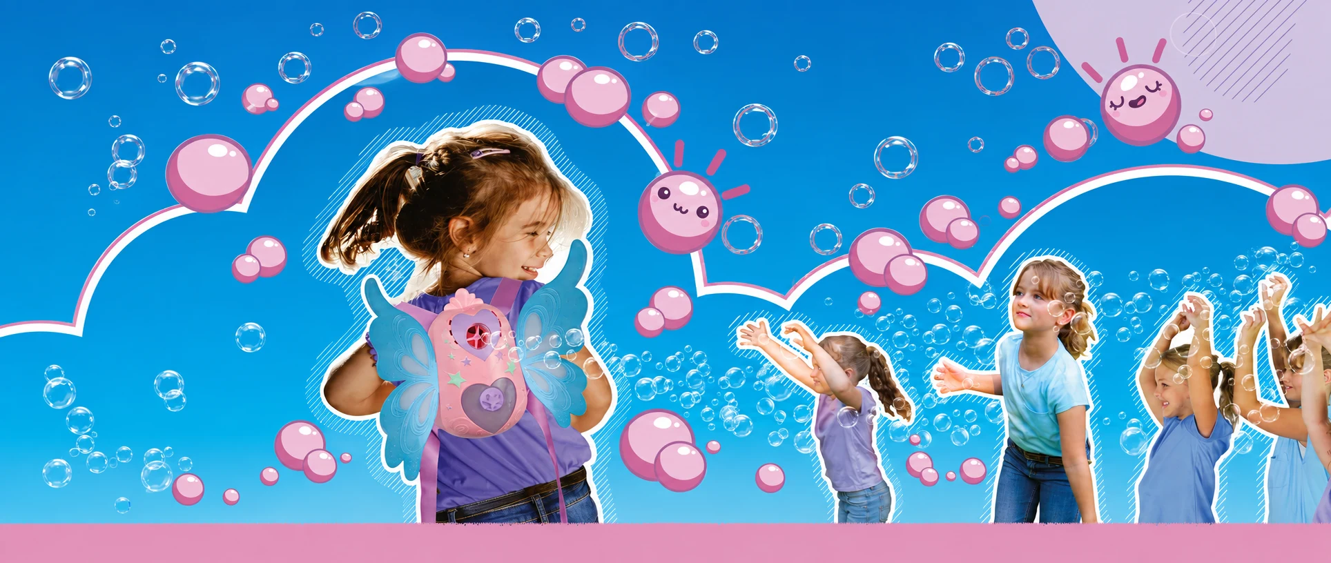 Children playing in a colorful bubble-filled scene with Fairy Flyers wearable bubble wings