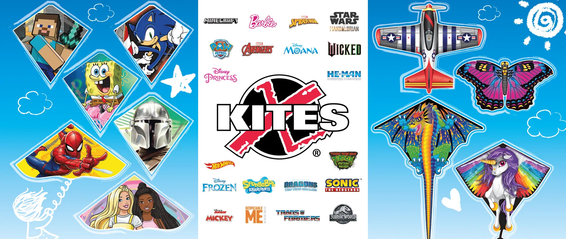 A broad assortment of X Kites brands and designs
